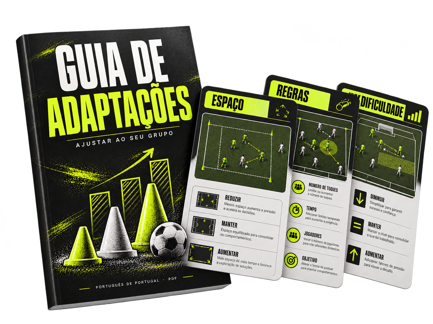 Guia de adaptações com manual e fichas de espaço, regras e dificuldade, em fundo transparente