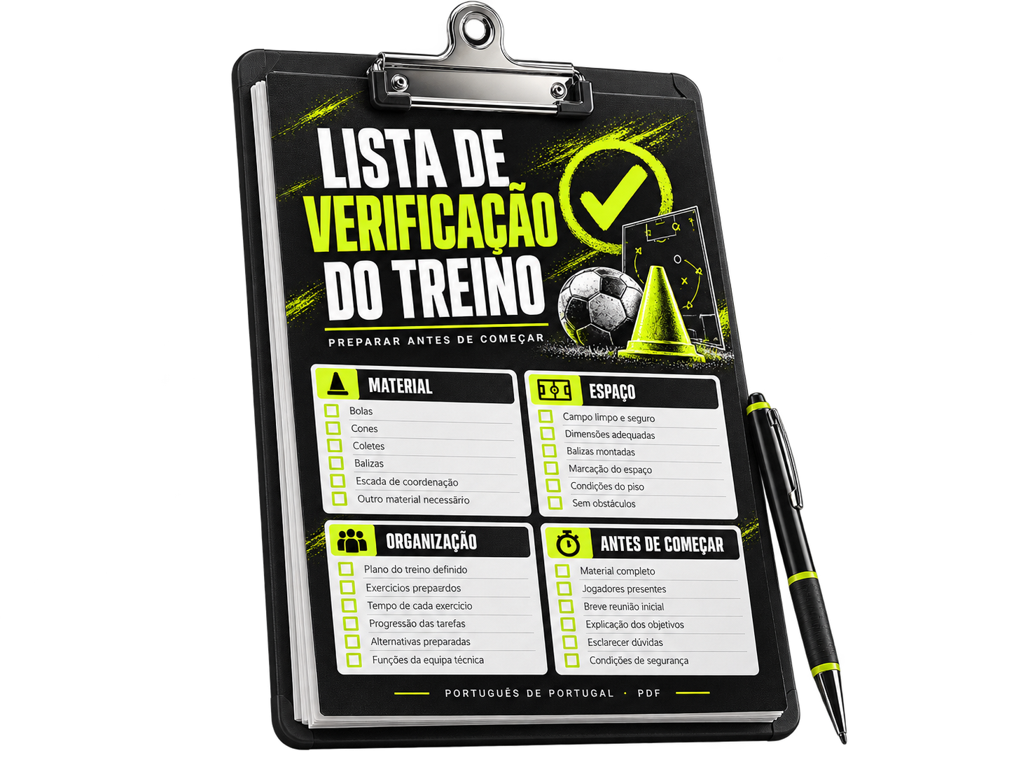 Lista de verificação do treino em prancheta com checklist e caneta, em fundo transparente