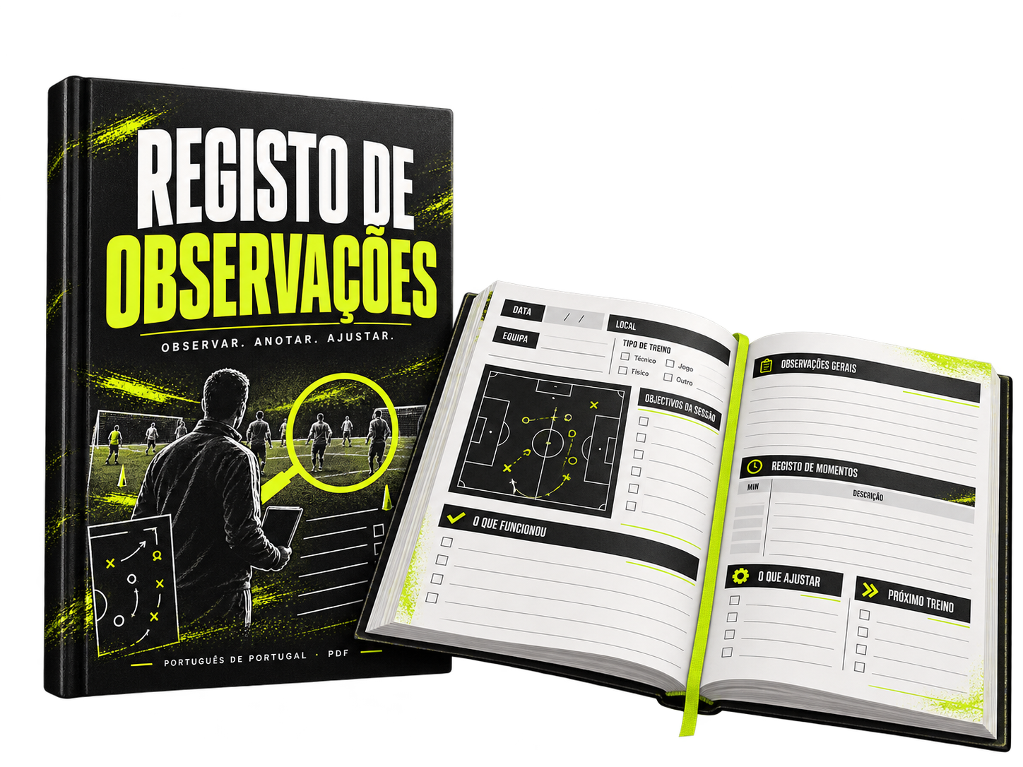 Registo de observações: capa e diário aberto para o treinador, em fundo transparente